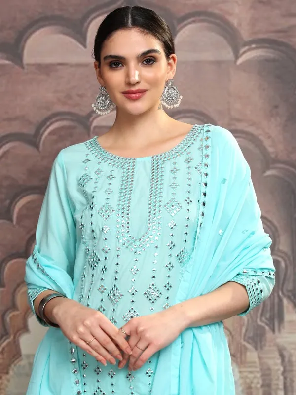 Vishudh Women Blue Embroidered Kurta With Trouser And Dupatta