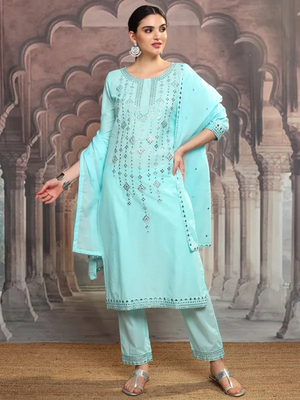 Vishudh Women Blue Embroidered Kurta With Trouser And Dupatta