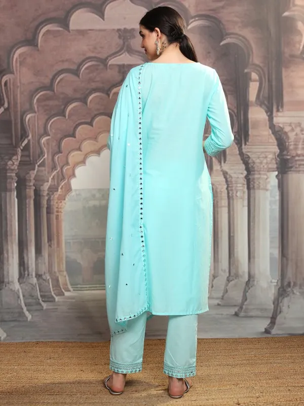 Vishudh Women Blue Embroidered Kurta With Trouser And Dupatta