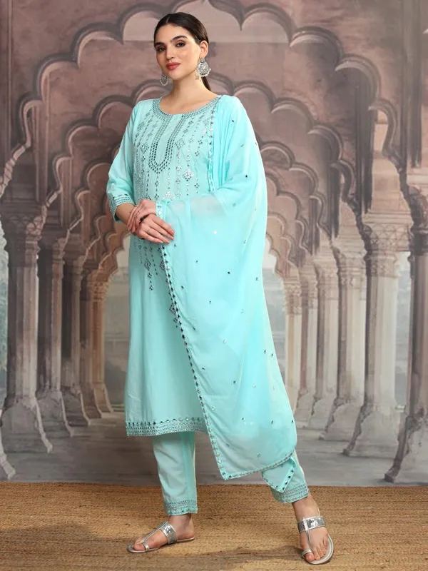 Vishudh Women Blue Embroidered Kurta With Trouser And Dupatta
