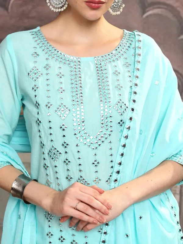 Vishudh Women Blue Embroidered Kurta With Trouser And Dupatta