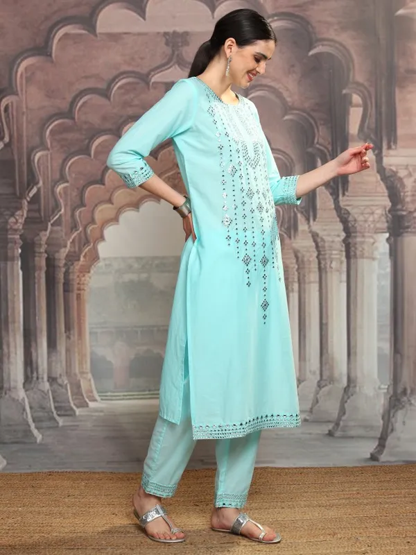 Vishudh Women Blue Embroidered Kurta With Trouser And Dupatta