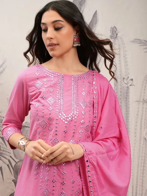 Vishudh Women Pink Embroidered Kurta With Trouser And Dupatta