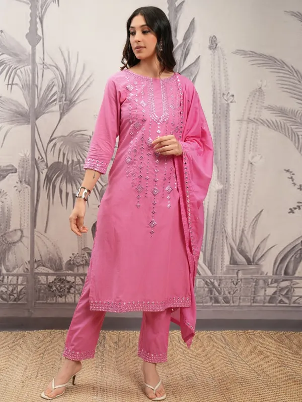 Vishudh Women Pink Embroidered Kurta With Trouser And Dupatta