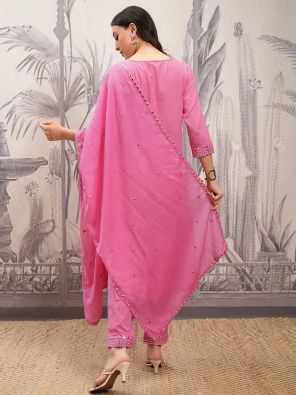 Vishudh Women Pink Embroidered Kurta With Trouser And Dupatta