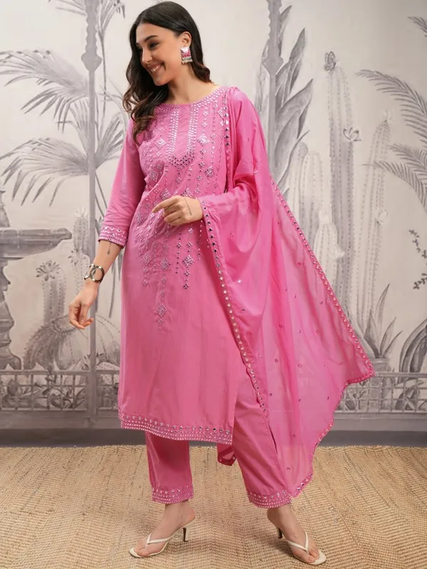 Vishudh Women Pink Embroidered Kurta With Trouser And Dupatta