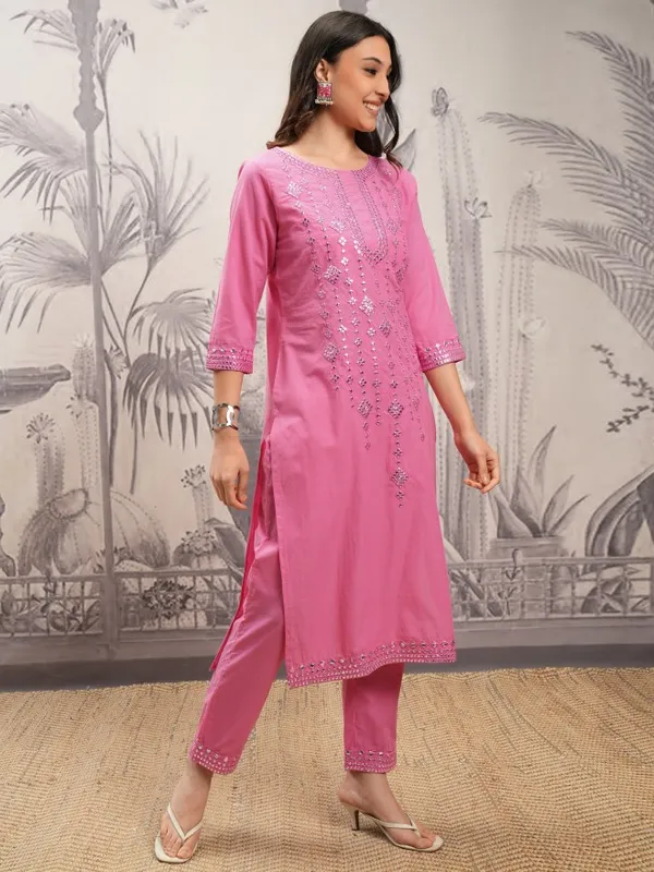 Vishudh Women Pink Embroidered Kurta With Trouser And Dupatta