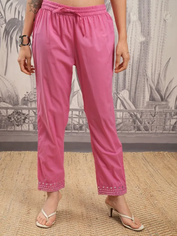 Vishudh Women Pink Embroidered Kurta With Trouser And Dupatta