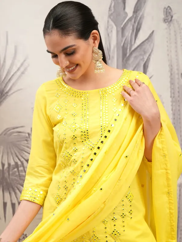 Vishudh Women Yellow Embroidered Kurta With Trouser And Dupatta