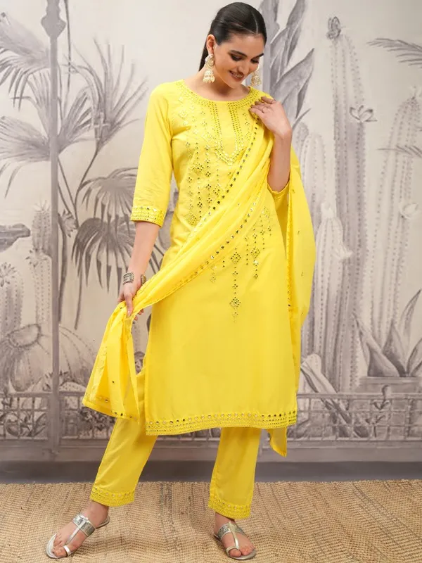 Vishudh Women Yellow Embroidered Kurta With Trouser And Dupatta