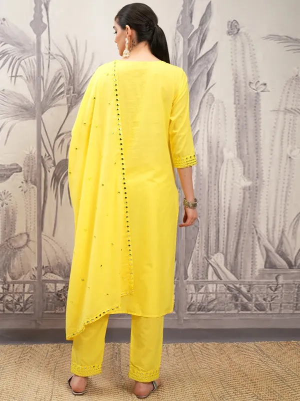 Vishudh Women Yellow Embroidered Kurta With Trouser And Dupatta
