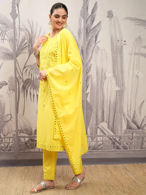 Vishudh Women Yellow Embroidered Kurta With Trouser And Dupatta