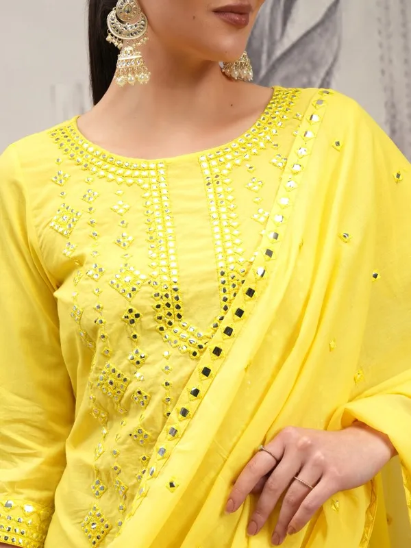 Vishudh Women Yellow Embroidered Kurta With Trouser And Dupatta