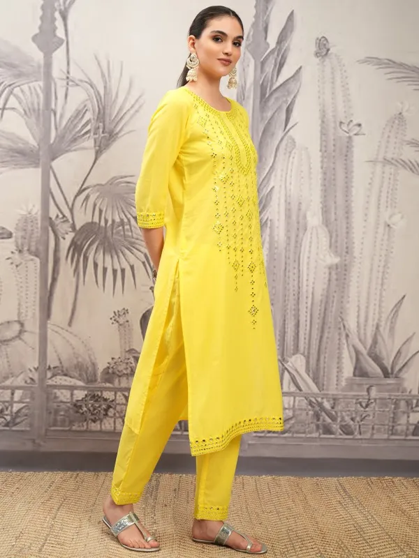 Vishudh Women Yellow Embroidered Kurta With Trouser And Dupatta