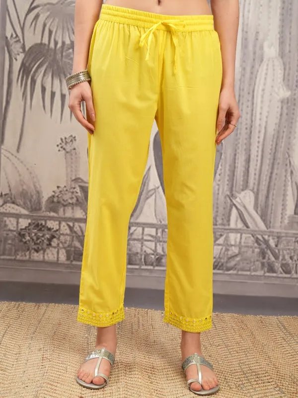 Vishudh Women Yellow Embroidered Kurta With Trouser And Dupatta