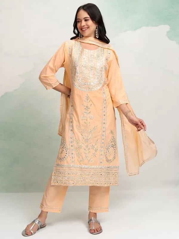 Vishudh Women Peach Embroidered Kurta With Trousers And Dupatta