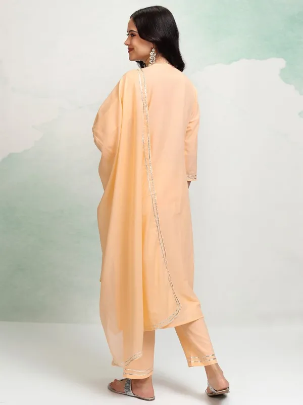 Vishudh Women Peach Embroidered Kurta With Trousers And Dupatta