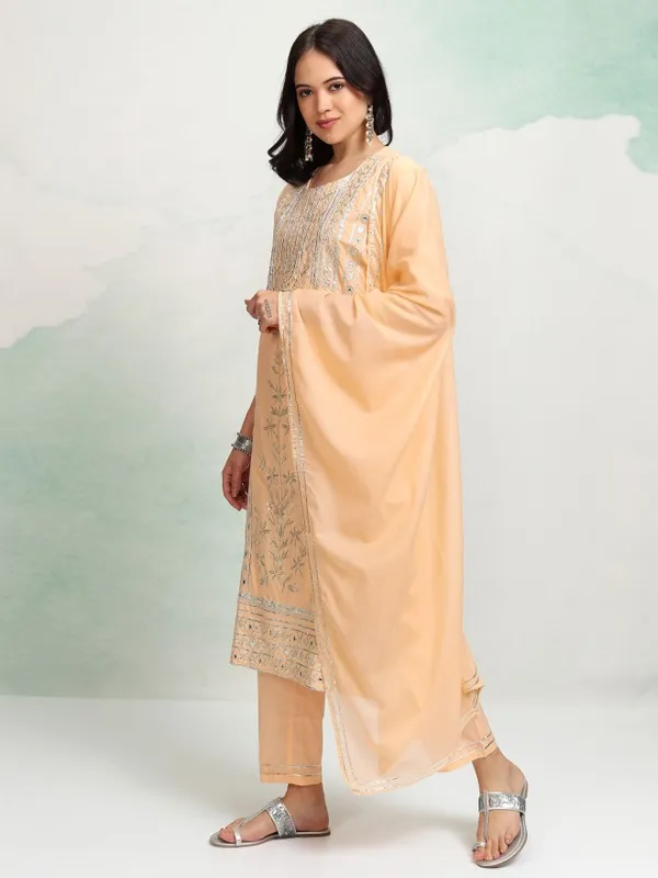 Vishudh Women Peach Embroidered Kurta With Trousers And Dupatta