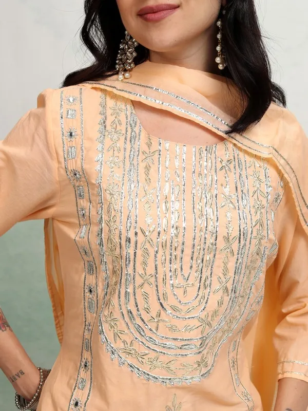 Vishudh Women Peach Embroidered Kurta With Trousers And Dupatta