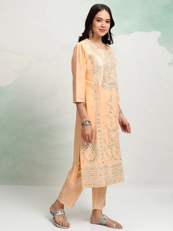 Vishudh Women Peach Embroidered Kurta With Trousers And Dupatta