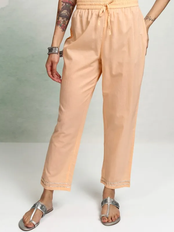 Vishudh Women Peach Embroidered Kurta With Trousers And Dupatta