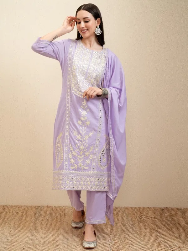 Vishudh Women Lavender Embroidered Kurta With Trousers And Dupatta