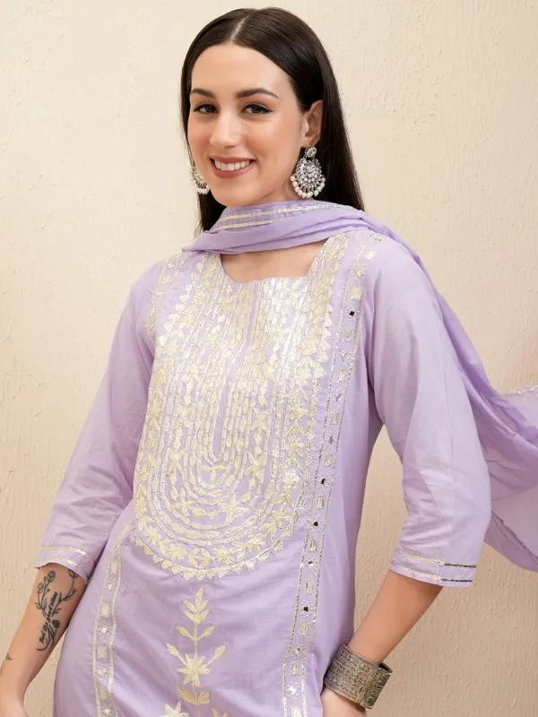 Vishudh Women Lavender Embroidered Kurta With Trousers And Dupatta