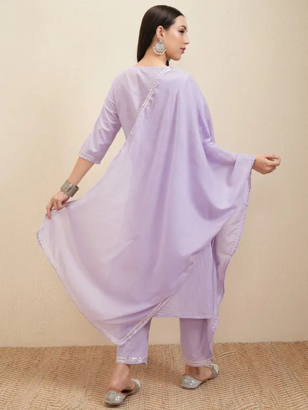 Vishudh Women Lavender Embroidered Kurta With Trousers And Dupatta