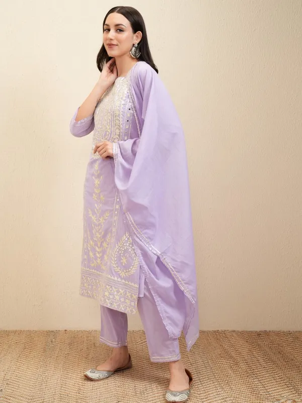 Vishudh Women Lavender Embroidered Kurta With Trousers And Dupatta