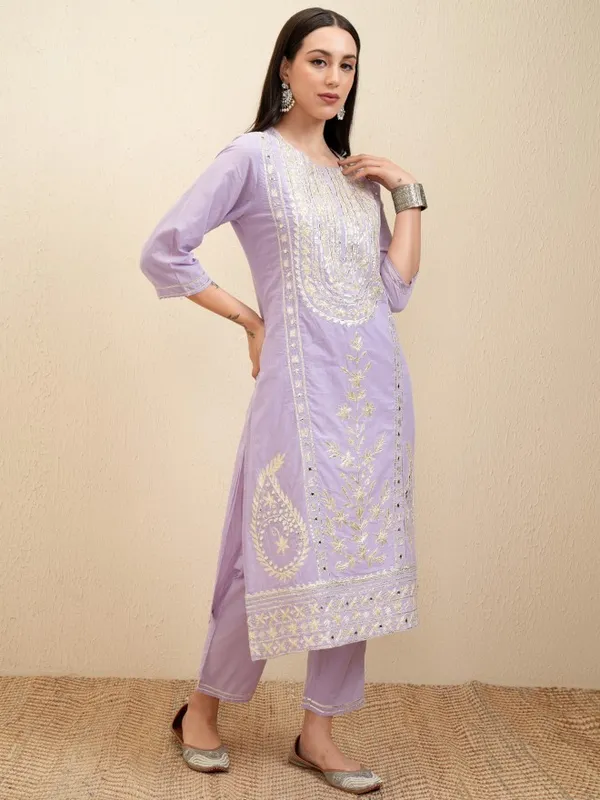 Vishudh Women Lavender Embroidered Kurta With Trousers And Dupatta