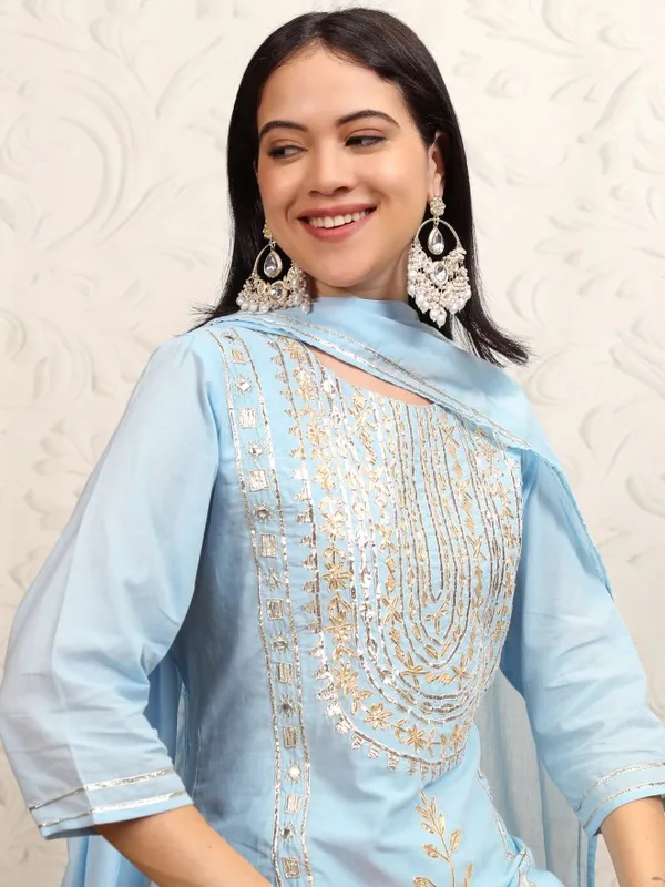 Vishudh Women Blue Embroidered Kurta With Trousers & Dupatta