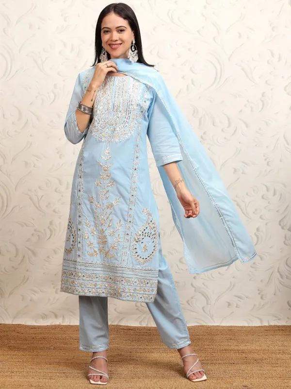 Vishudh Women Blue Embroidered Kurta With Trousers & Dupatta