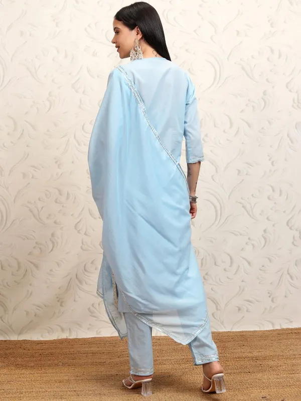 Vishudh Women Blue Embroidered Kurta With Trousers & Dupatta