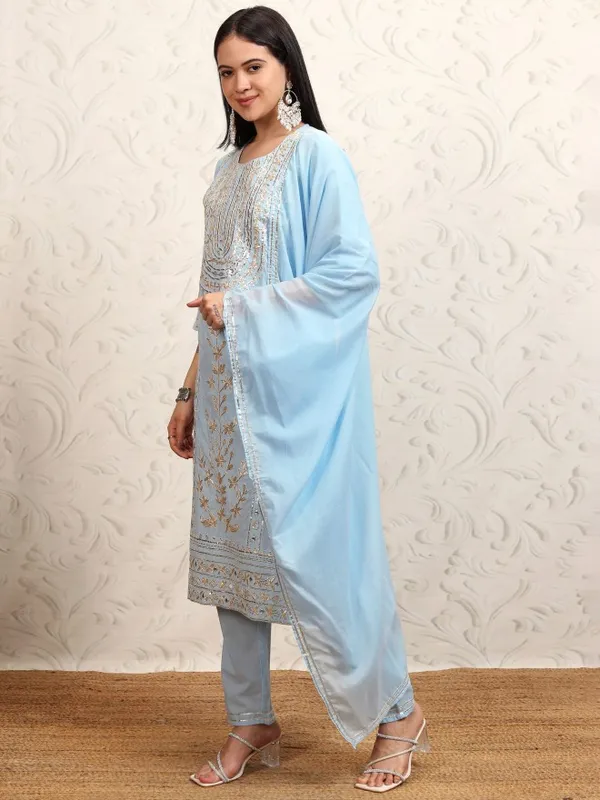 Vishudh Women Blue Embroidered Kurta With Trousers & Dupatta