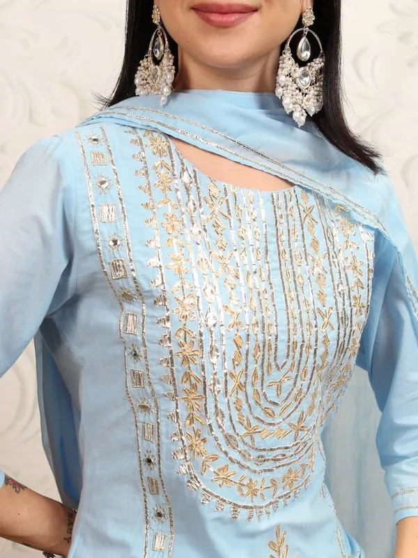 Vishudh Women Blue Embroidered Kurta With Trousers & Dupatta