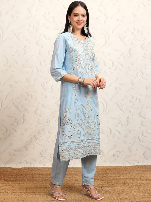 Vishudh Women Blue Embroidered Kurta With Trousers & Dupatta
