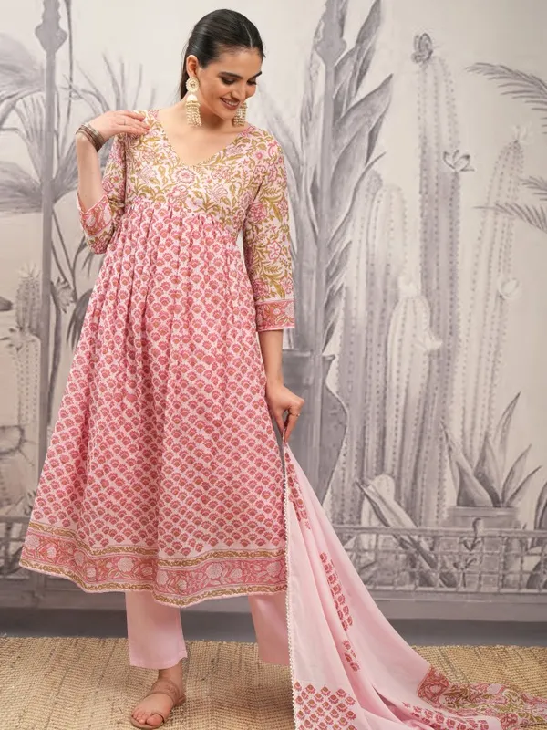 Vishudh Women Pink Printed Kurta With Trouser And Dupatta