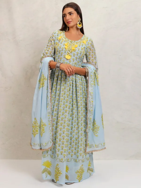 Vishudh Women Blue Printed Kurta With Trousers & Dupatta