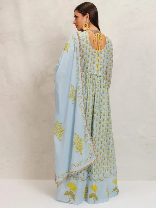 Vishudh Women Blue Printed Kurta With Trousers & Dupatta