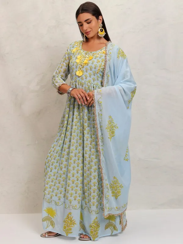 Vishudh Women Blue Printed Kurta With Trousers & Dupatta