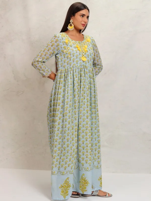 Vishudh Women Blue Printed Kurta With Trousers & Dupatta