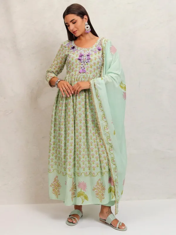 Vishudh Women Green Printed Kurta With Trousers & Dupatta