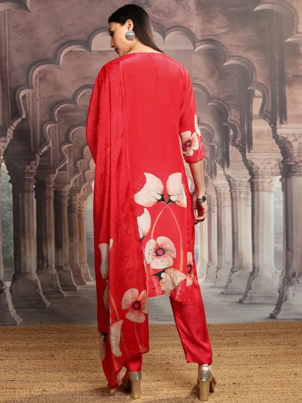 Vishudh Women Red Printed Kurta With Trouser And Dupatta