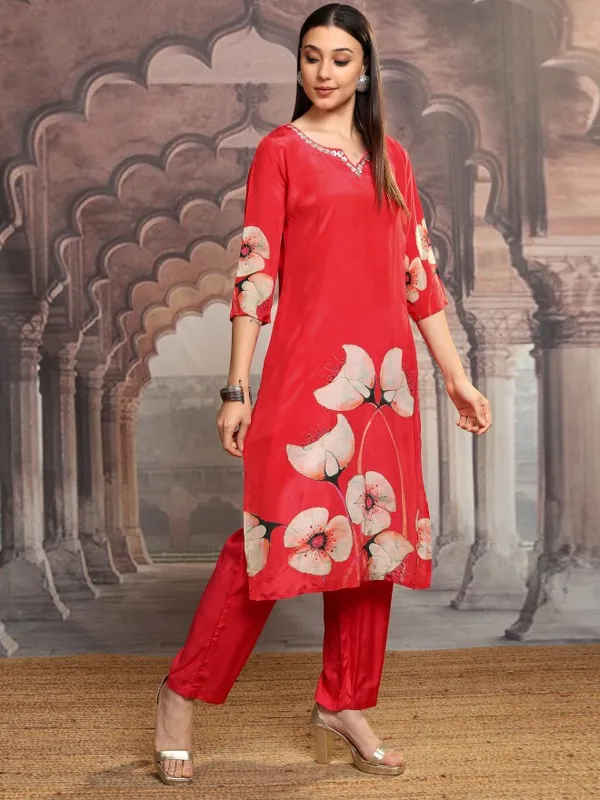 Vishudh Women Red Printed Kurta With Trouser And Dupatta