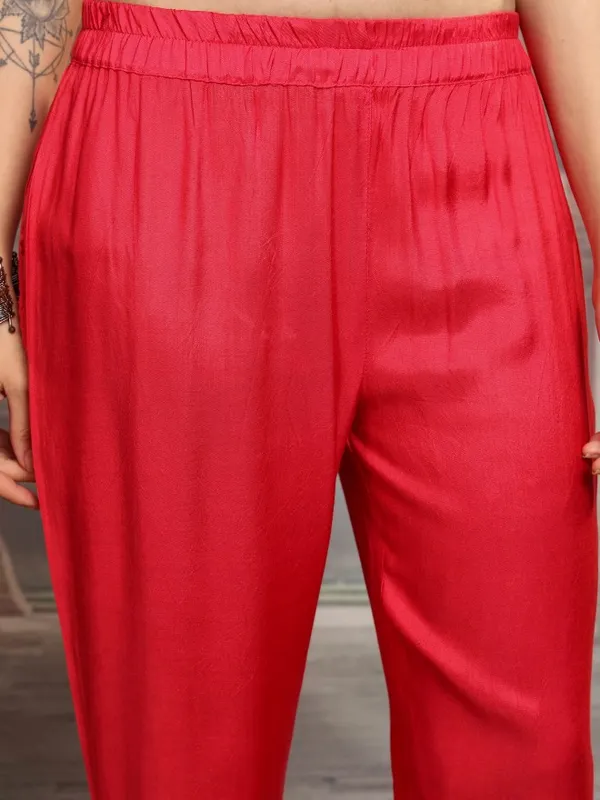 Vishudh Women Red Printed Kurta With Trouser And Dupatta