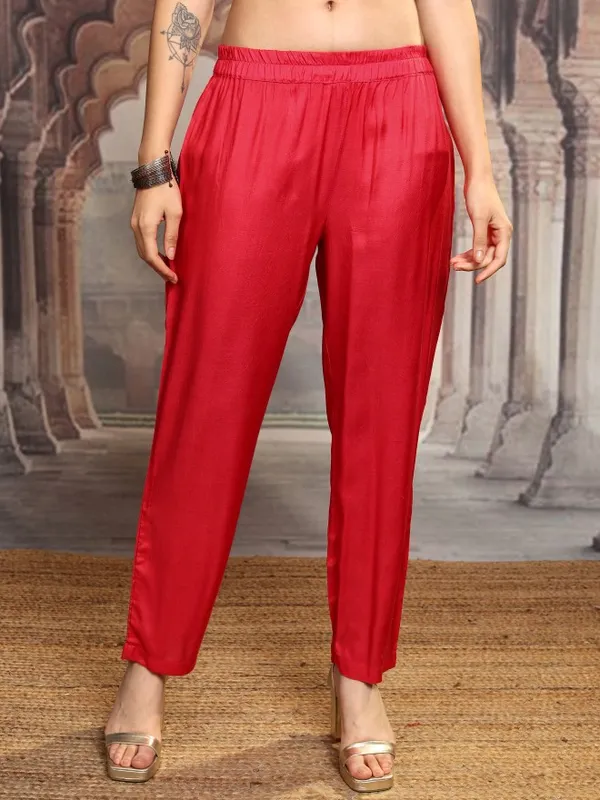 Vishudh Women Red Printed Kurta With Trouser And Dupatta