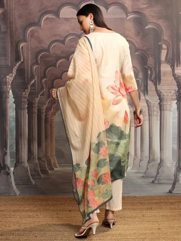 Vishudh Women Cream Printed Kurta With Trousers