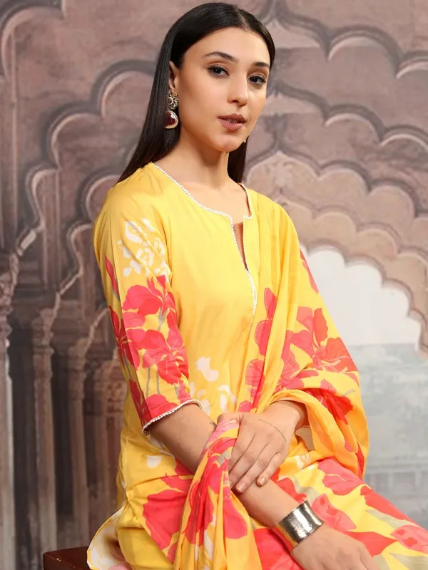 Vishudh Women Yellow Printed Kurta With Trousers And Dupatta