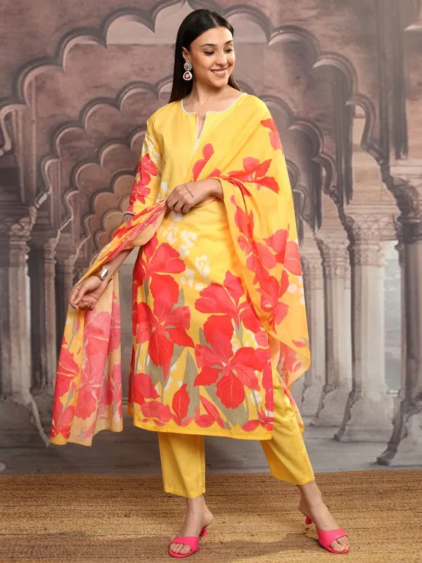 Vishudh Women Yellow Printed Kurta With Trousers And Dupatta