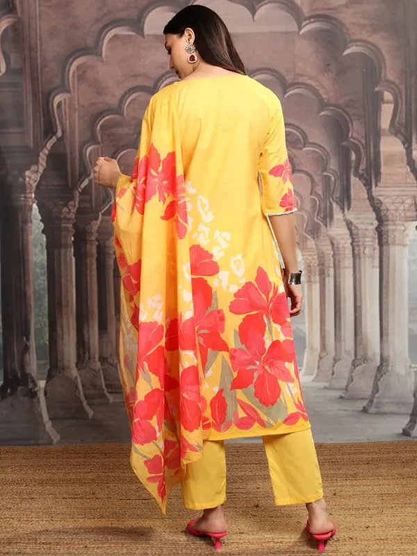 Vishudh Women Yellow Printed Kurta With Trousers And Dupatta